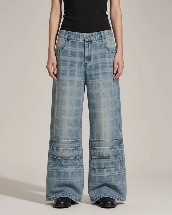 BLINDNOPLAN — 24AW Check-Panel Flare Jean, in denim blue