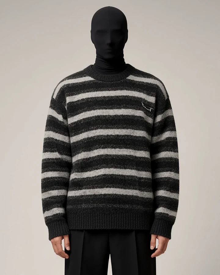 Randomevent — Contrast Stripe Knit, in grey/charcoal stripe