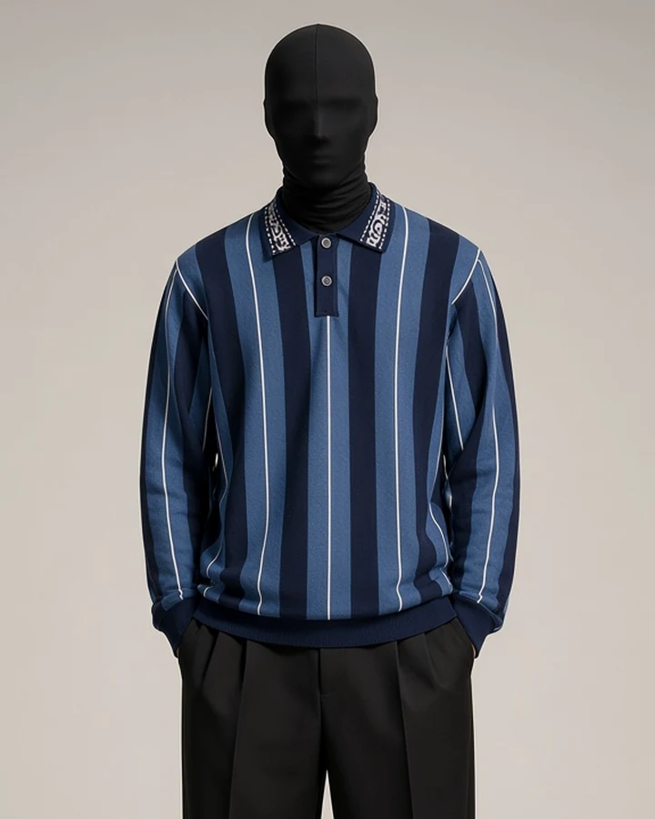 Randomevent — Referee Stripe Knit Polo, in blue/navy stripe