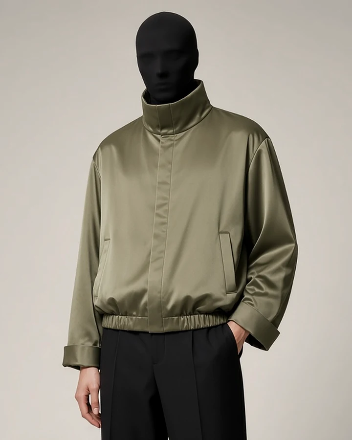 Unawares — Satin Stand-Collar Jacket, in olive